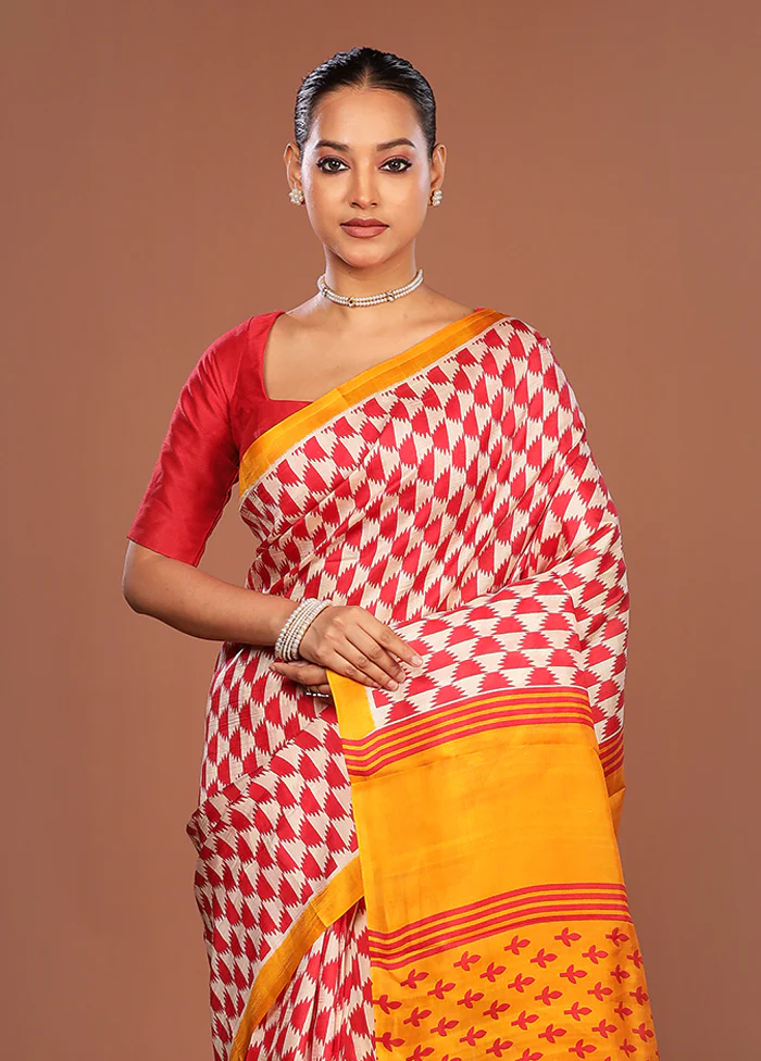 Red Printed Silk Saree Without Blouse Piece