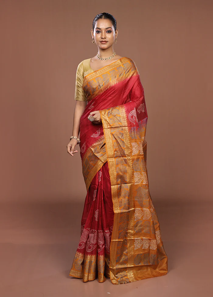 Red Printed Pure Silk Saree Without Blouse Piece - Image 2