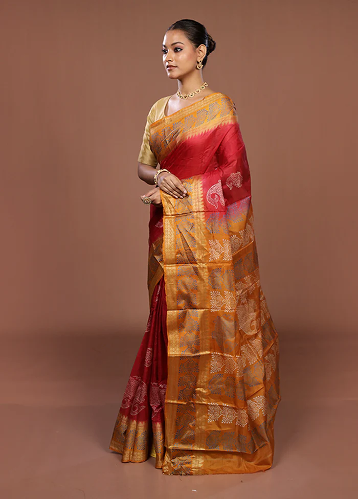 Red Printed Pure Silk Saree Without Blouse Piece - Image 4