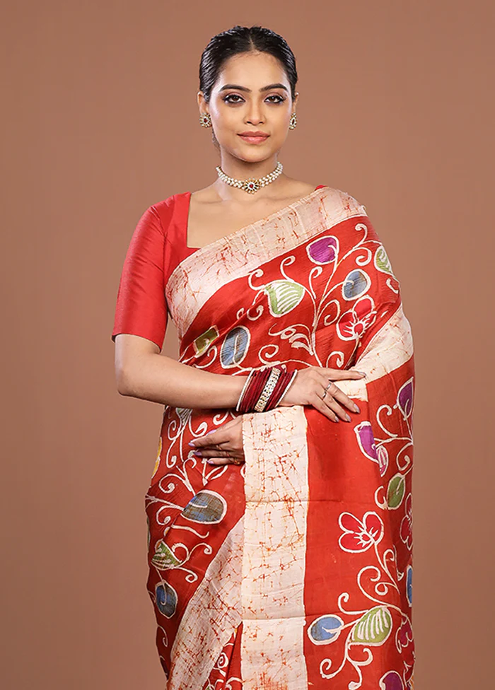 Red Printed Pure Silk Saree Without Blouse Piece