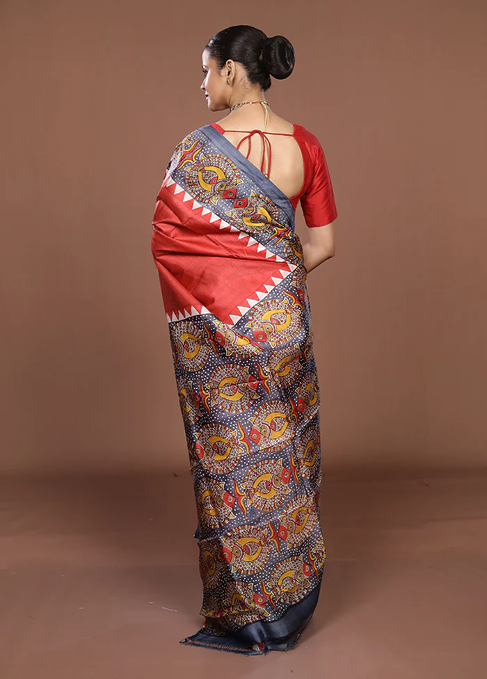 Red Printed Pure Silk Saree Without Blouse Piece - Image 3