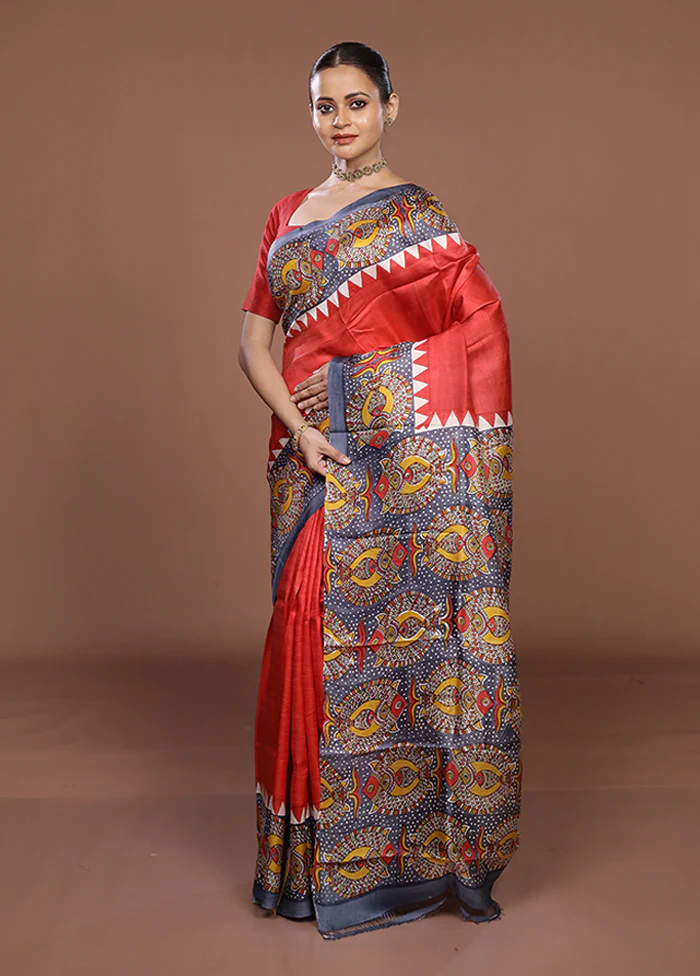 Red Printed Pure Silk Saree Without Blouse Piece - Image 4
