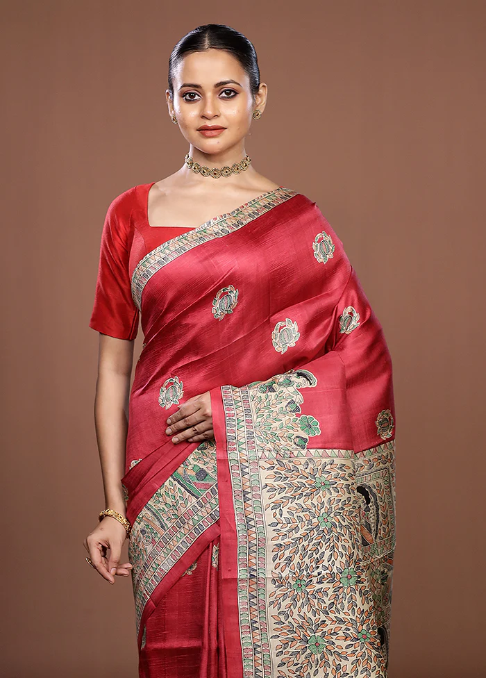 Red Printed Pure Silk Saree Without Blouse Piece