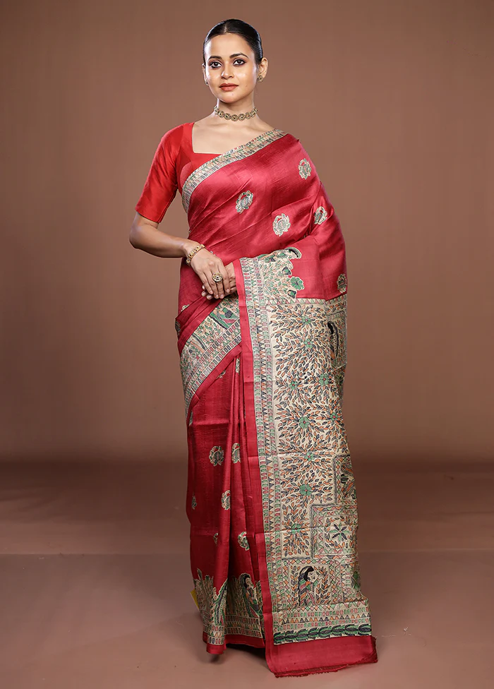 Red Printed Pure Silk Saree Without Blouse Piece - Image 2