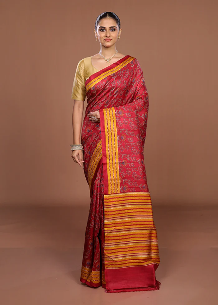 Red Printed Silk Saree Without Blouse Piece - Image 2