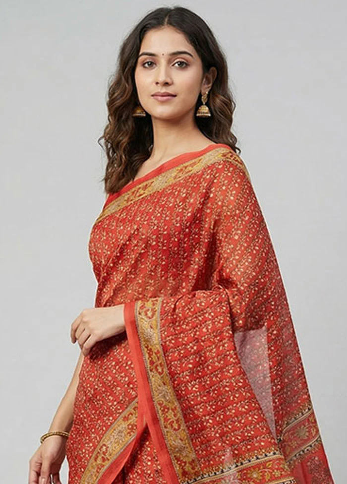 Red Printed Silk Saree Without Blouse Piece - Image 2