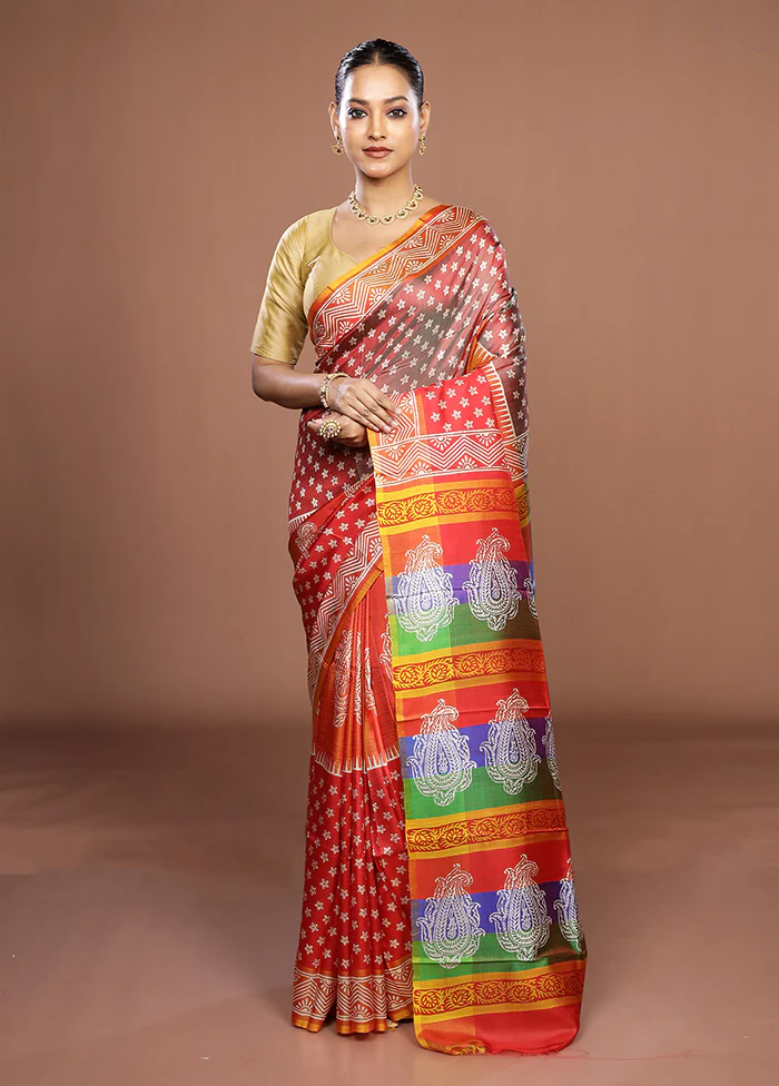 Red Printed Pure Silk Saree Without Blouse Piece - Image 2