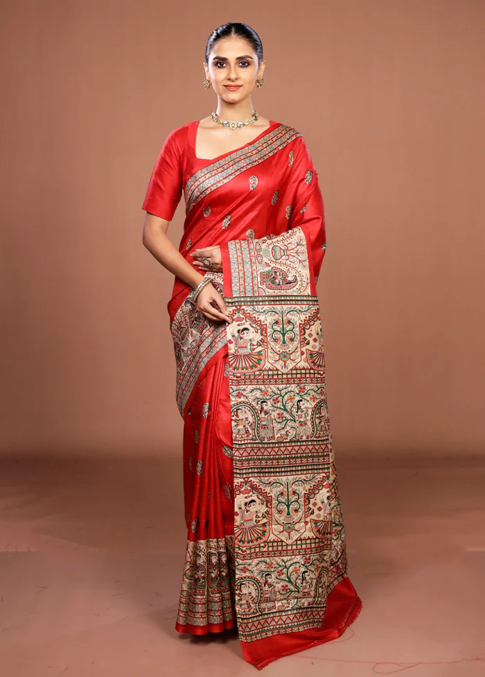 Red Printed Silk Saree Without Blouse Piece - Image 2