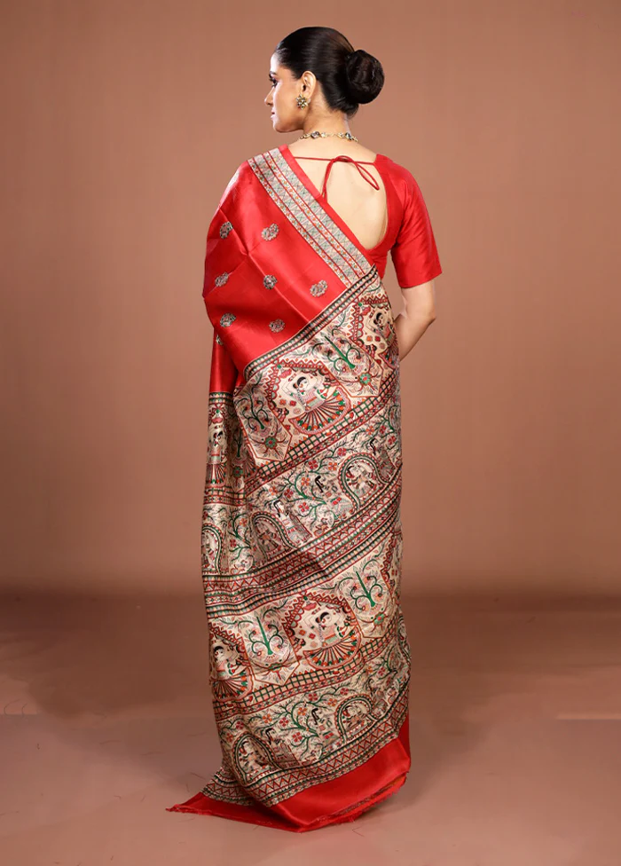 Red Printed Silk Saree Without Blouse Piece - Image 3