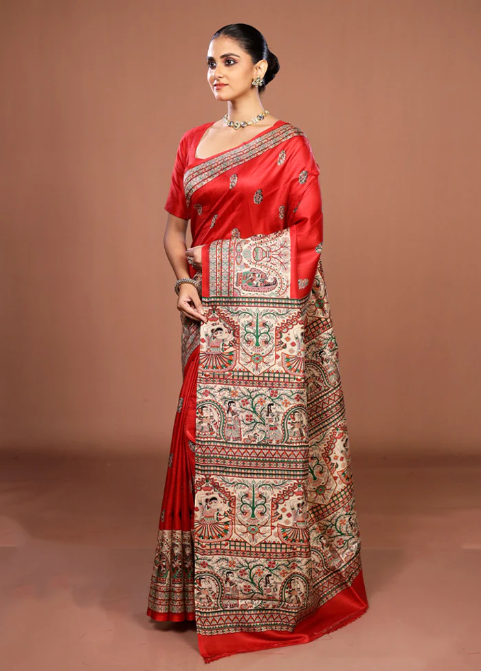 Red Printed Silk Saree Without Blouse Piece - Image 4