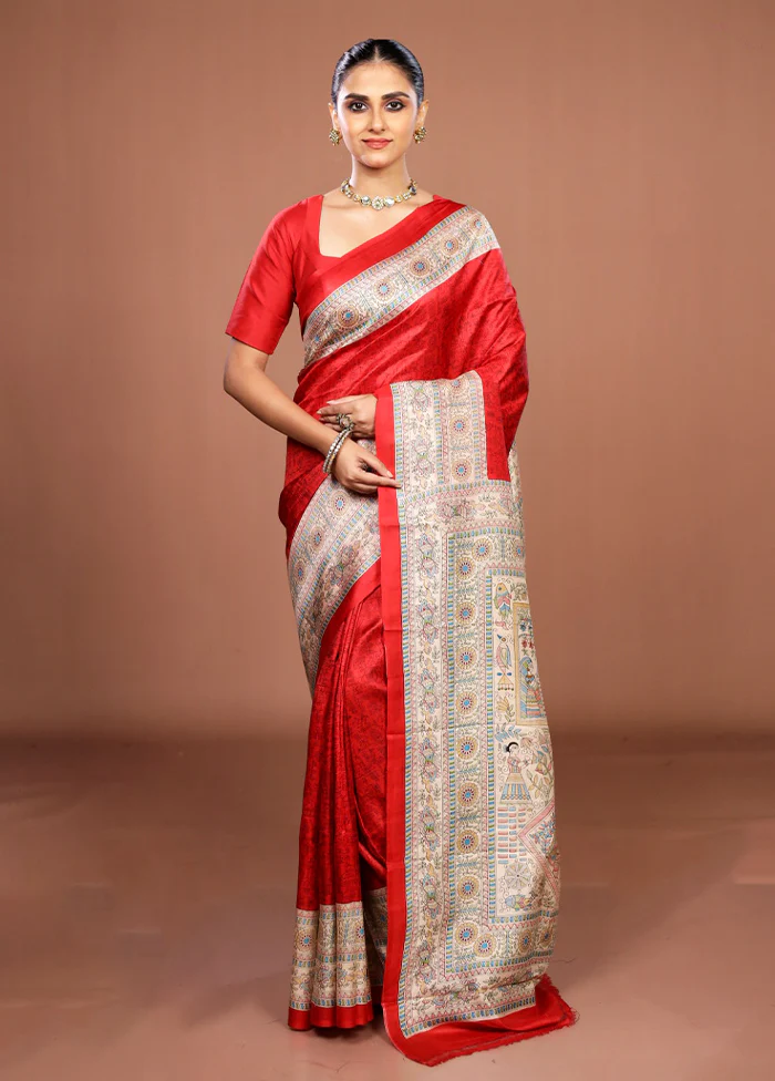 Red Printed Silk Saree Without Blouse Piece - Image 2