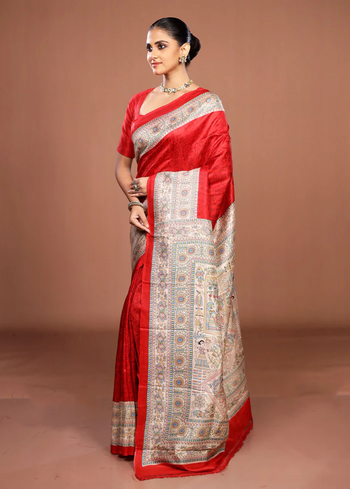 Red Printed Silk Saree Without Blouse Piece - Image 4