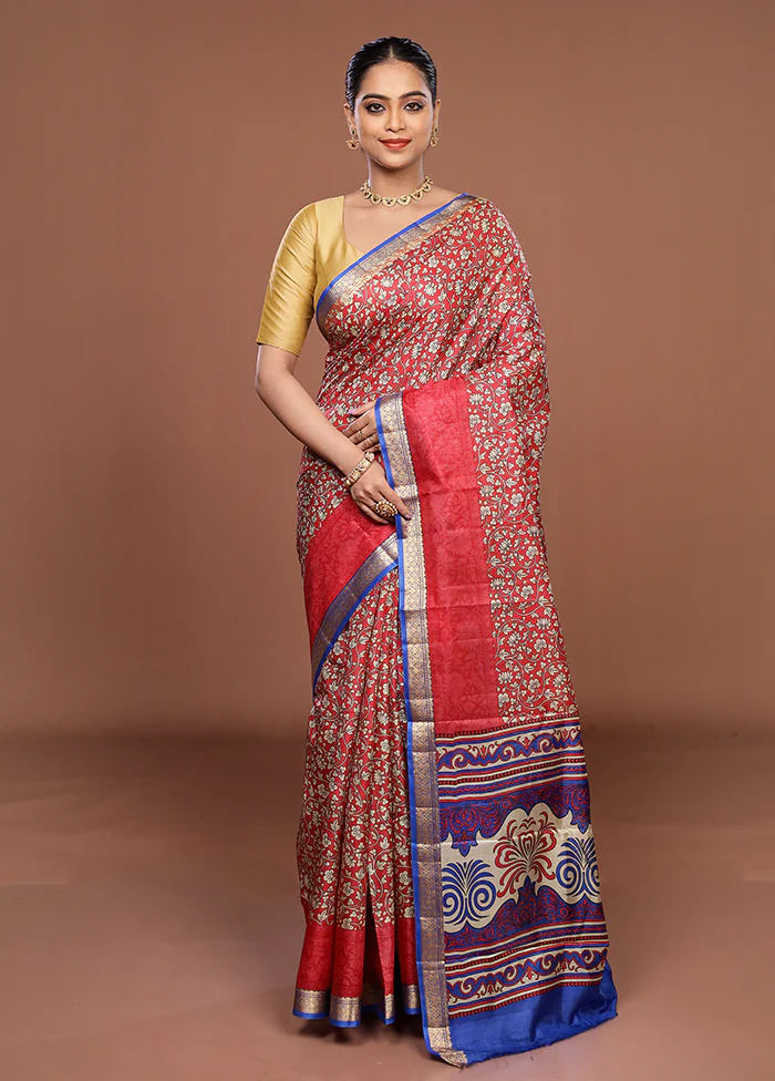 Red Printed Pure Silk Saree Without Blouse Piece - Image 2