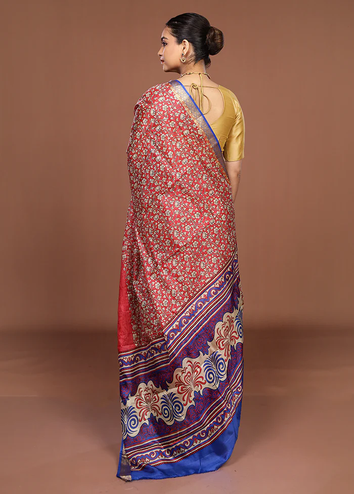 Red Printed Pure Silk Saree Without Blouse Piece - Image 3