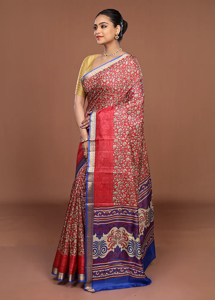 Red Printed Pure Silk Saree Without Blouse Piece - Image 4