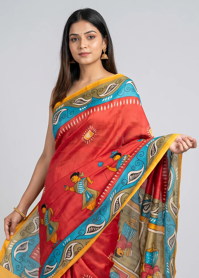 Red Printed Silk Saree Without Blouse Piece - Image 2