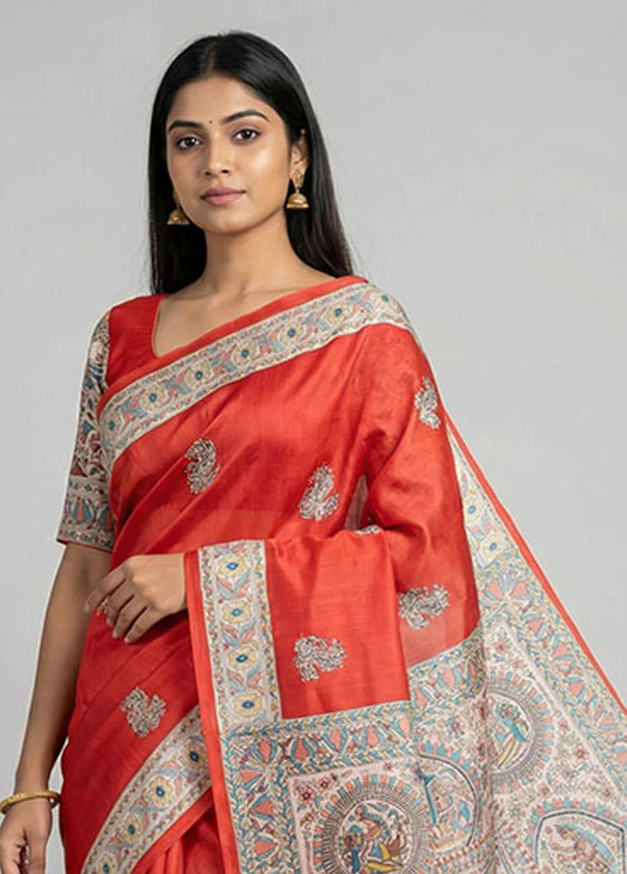 Red Printed Silk Saree Without Blouse Piece - Image 2
