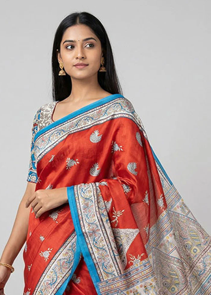 Red Printed Silk Saree Without Blouse Piece - Image 2