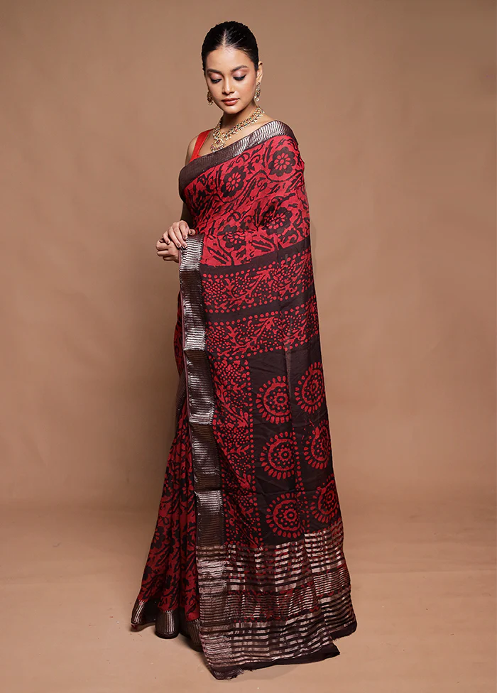 Red Printed Silk Saree Without Blouse Piece - Image 4