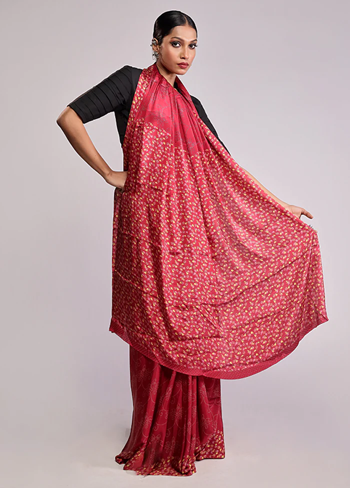 Red Printed Silk Saree With Blouse Piece - Image 4