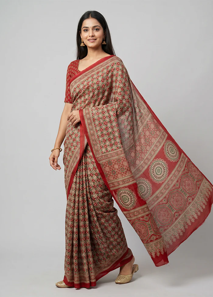 Red Printed Silk Saree Without Blouse Piece