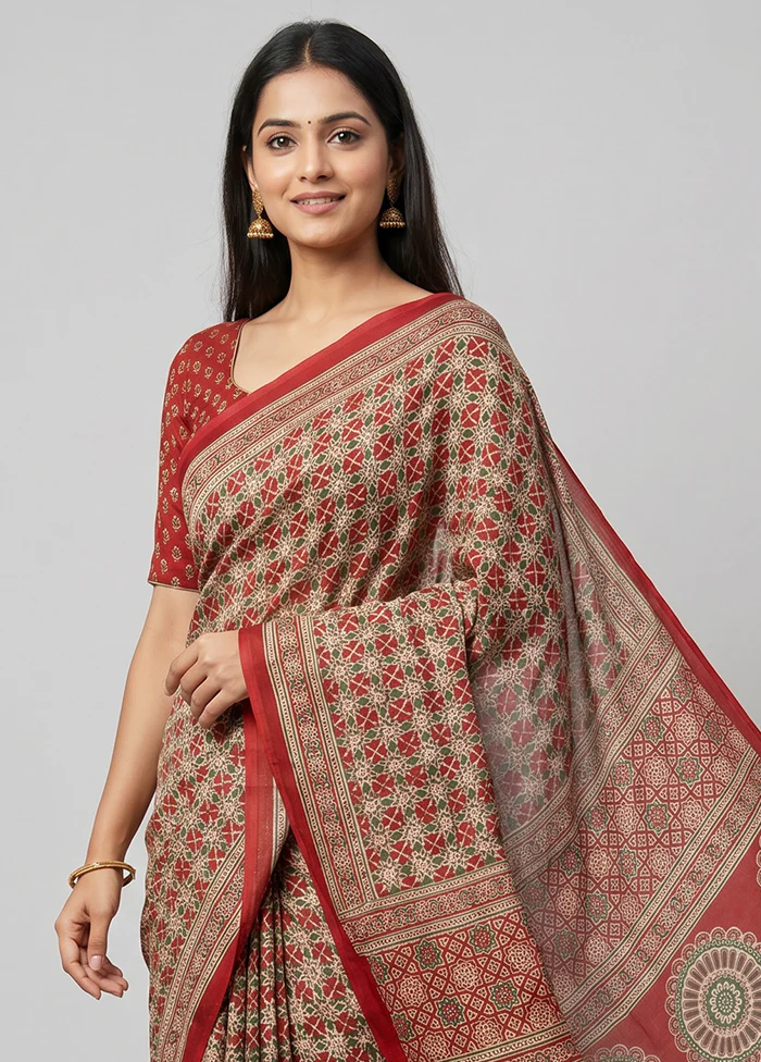Red Printed Silk Saree Without Blouse Piece - Image 2
