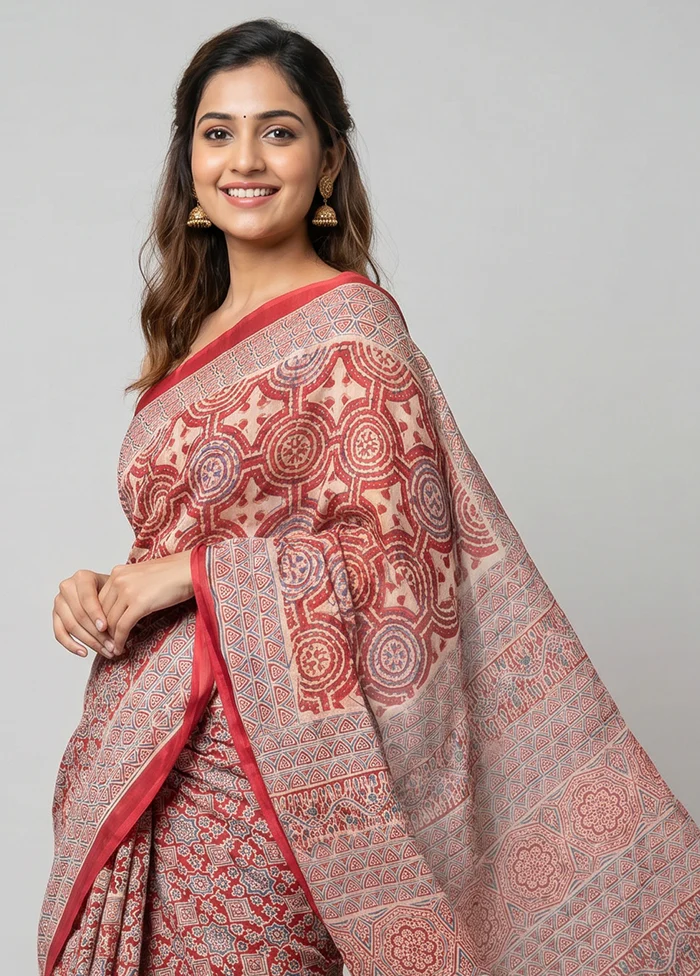 Red Printed Silk Saree Without Blouse Piece - Image 2