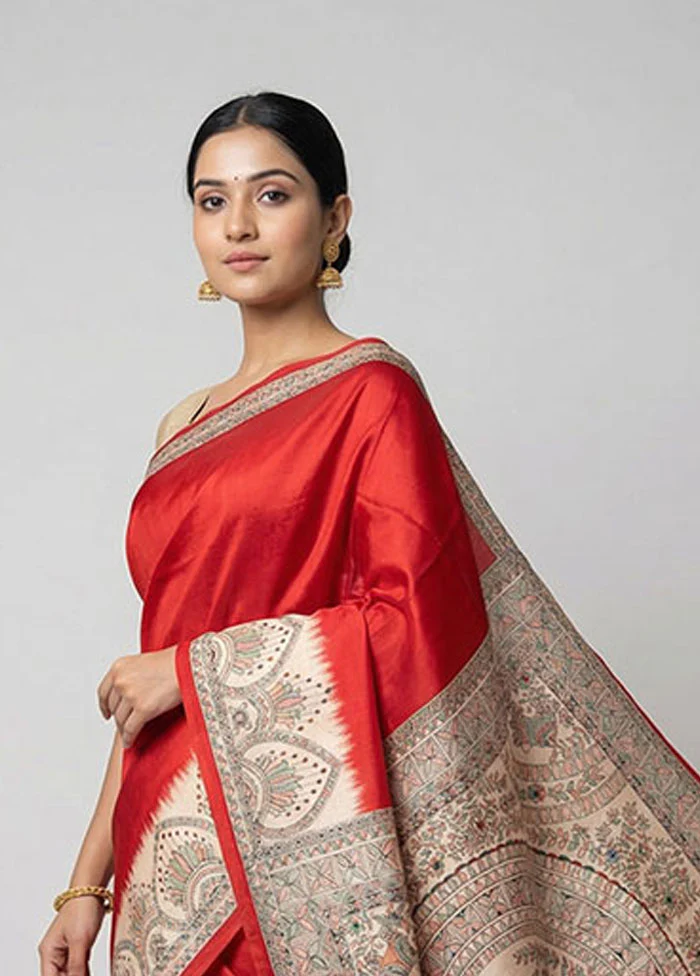 Red Printed Silk Saree Without Blouse Piece - Image 2