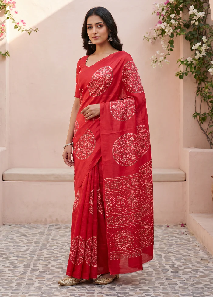 Red Printed Silk Saree Without Blouse Piece