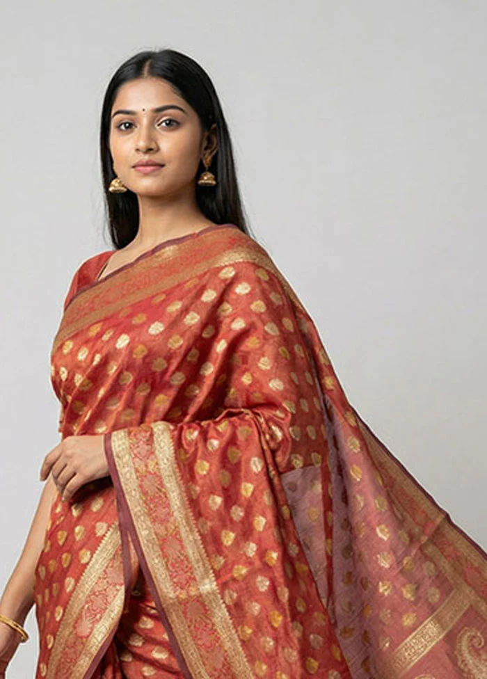 Red Pure Cotton Saree With Blouse Piece - Image 2