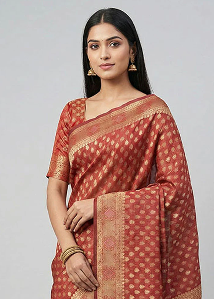 Red Pure Cotton Saree With Blouse Piece - Image 2