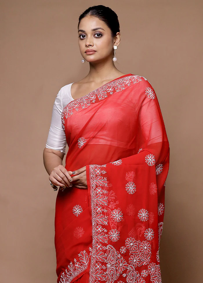 Red Pure Cotton Saree With Blouse Piece - Image 2
