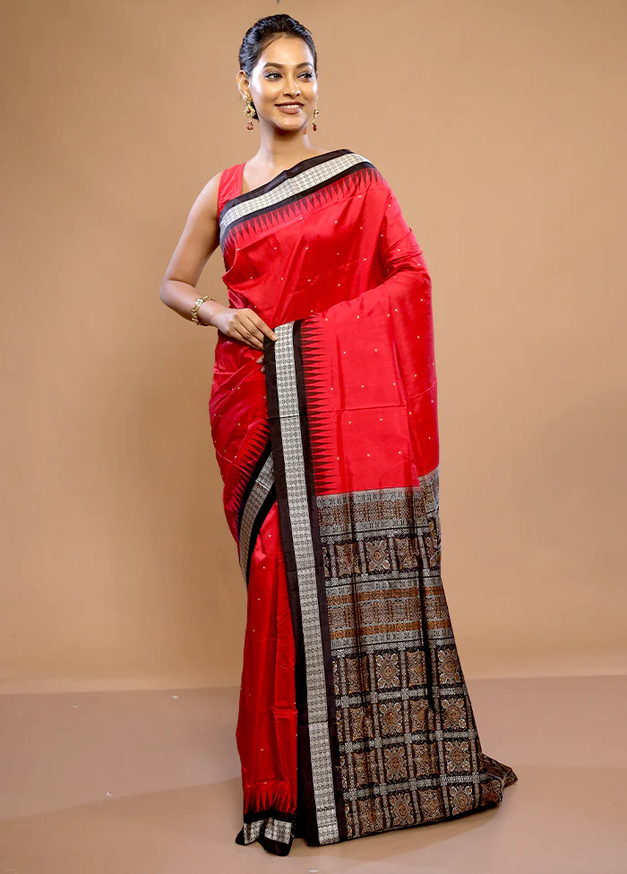 Red Handloom Bomkai Pure Silk Saree With Blouse Piece - Image 2