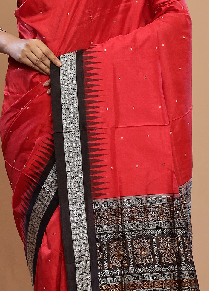 Red Handloom Bomkai Pure Silk Saree With Blouse Piece - Image 3