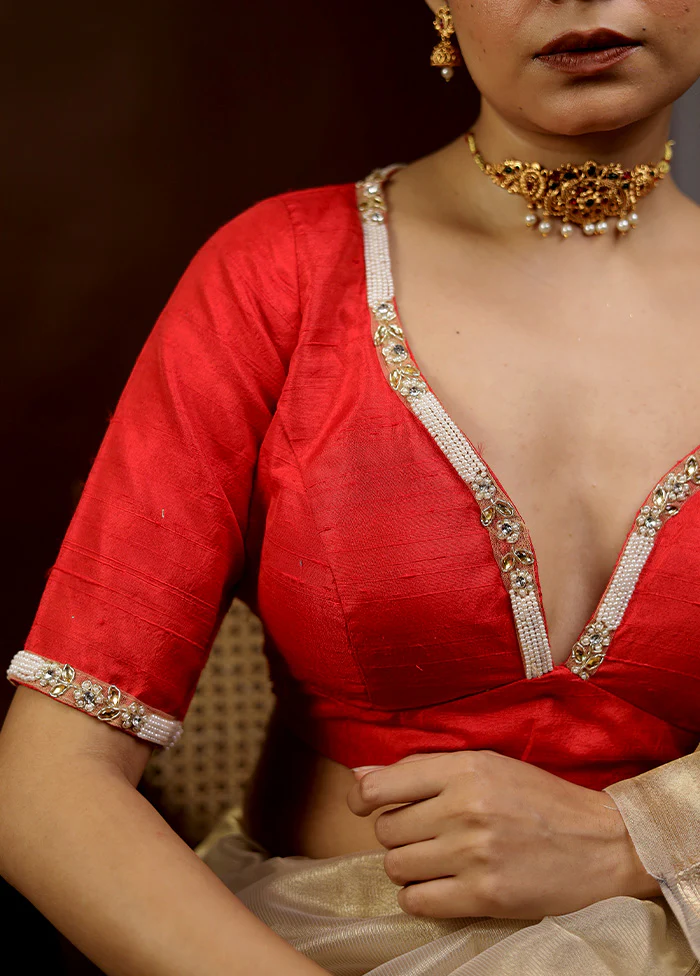 Red Raw Silk Designer Blouse - Image 3
