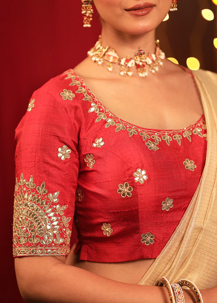 Red Raw Silk Designer Blouse - Image 4