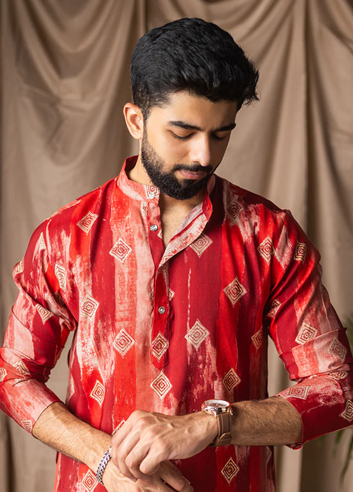 Red Silk Kurta & Pajama Set - Image 2