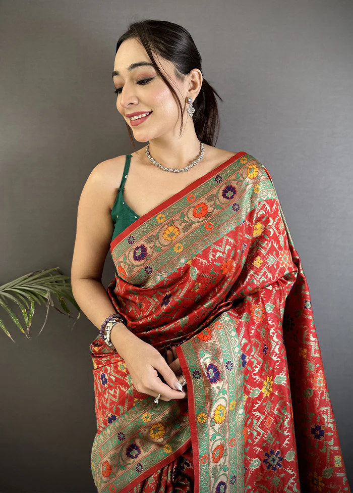 Red Spun Silk Saree With Blouse Piece - Image 2