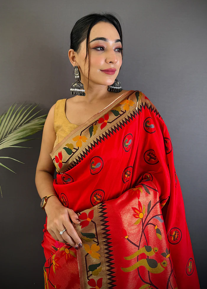 Red Spun Silk Saree With Blouse Piece - Image 2