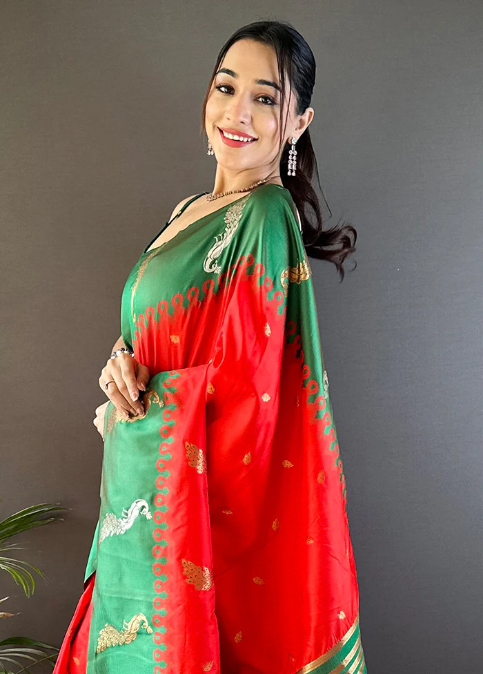 Red Spun Silk Saree With Blouse Piece - Image 2
