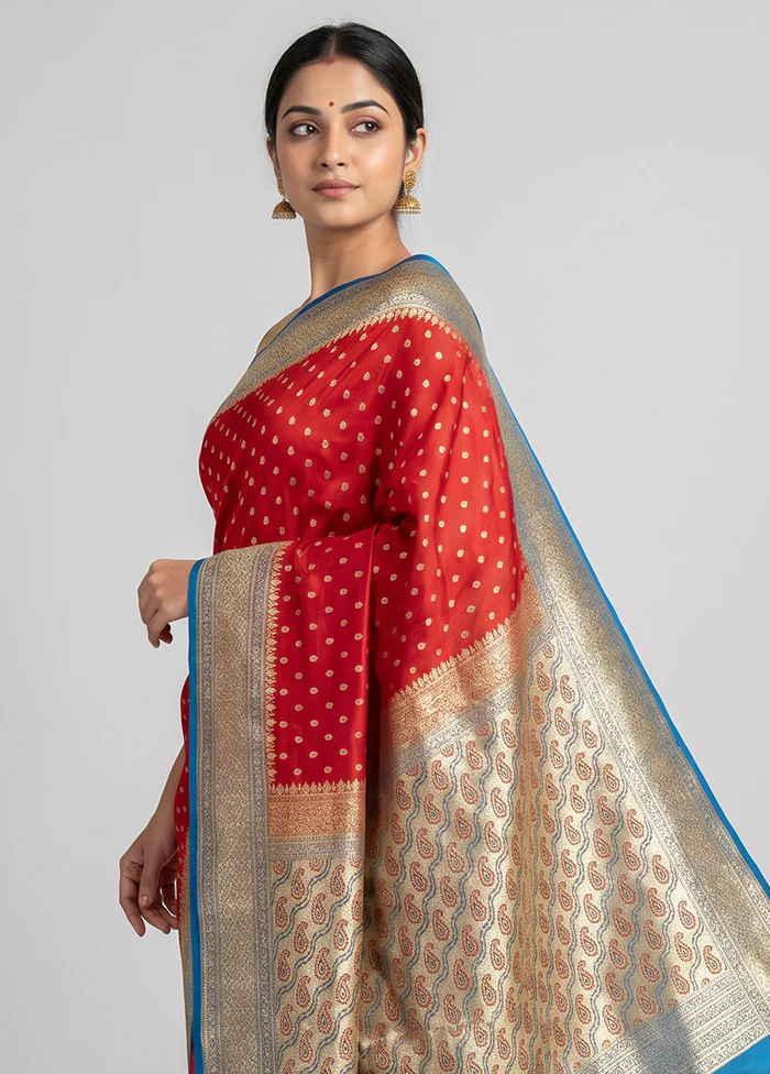 Red Tanchoi Silk Saree With Blouse Piece - Image 2