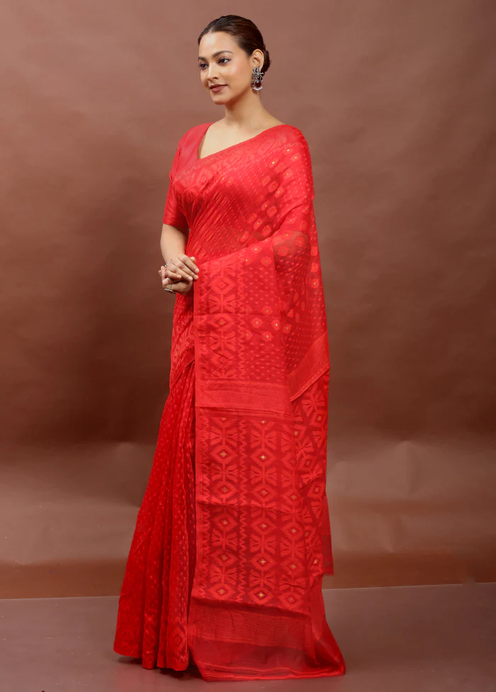 Red Tant Jamdani Saree Without Blouse Piece - Image 4