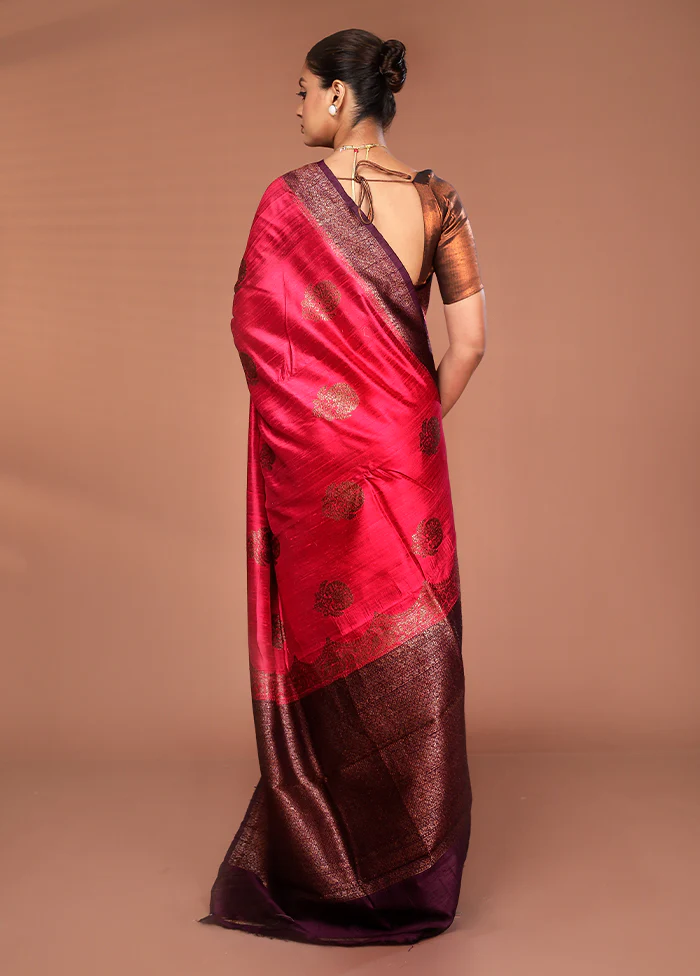 Red Tussar Pure Silk Saree With Blouse Piece - Image 3
