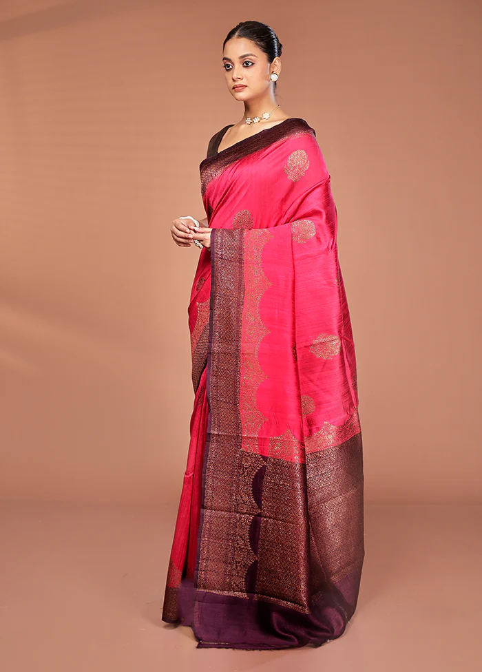 Red Tussar Pure Silk Saree With Blouse Piece - Image 4