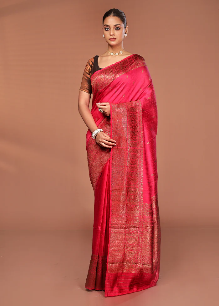 Red Tussar Pure Silk Saree With Blouse Piece - Image 2