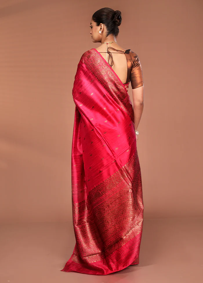 Red Tussar Pure Silk Saree With Blouse Piece - Image 3