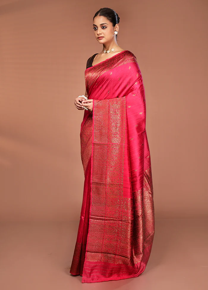 Red Tussar Pure Silk Saree With Blouse Piece - Image 4