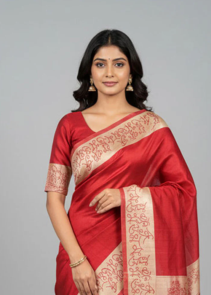 Red Tussar Silk Saree With Blouse Piece - Image 2