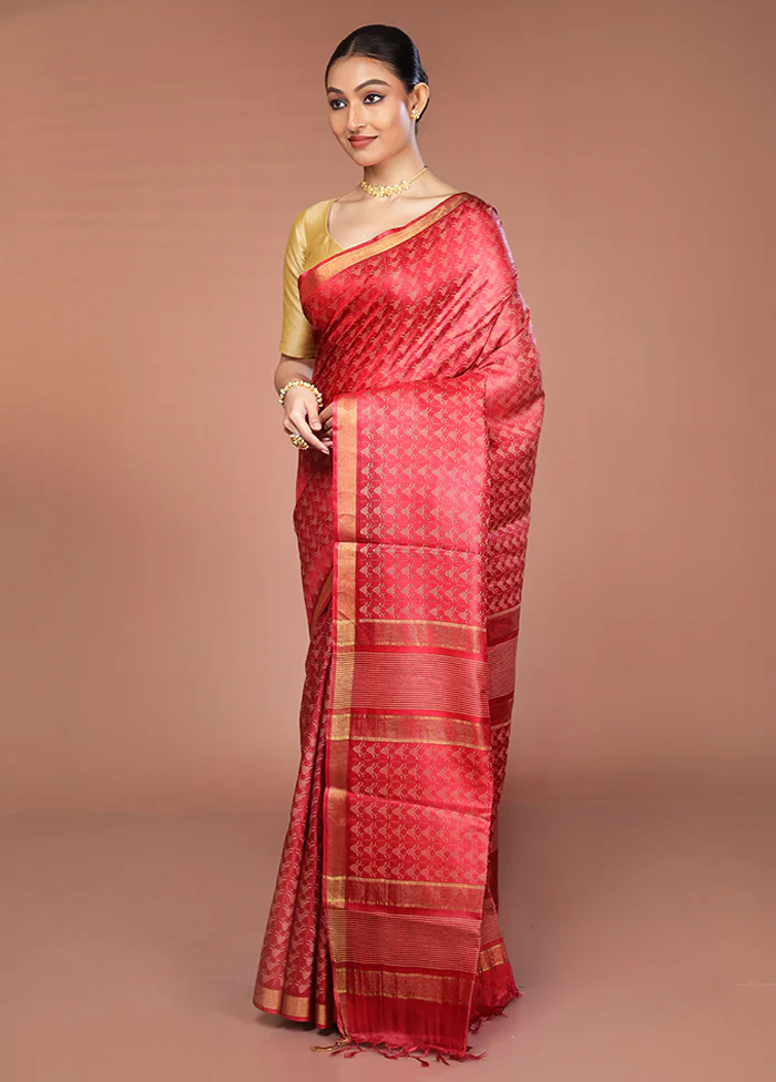 Red Tussar Silk Saree With Blouse Piece - Image 4