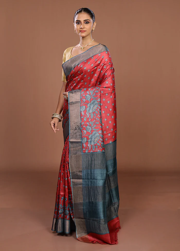 Red Tussar Silk Saree With Blouse Piece - Image 4